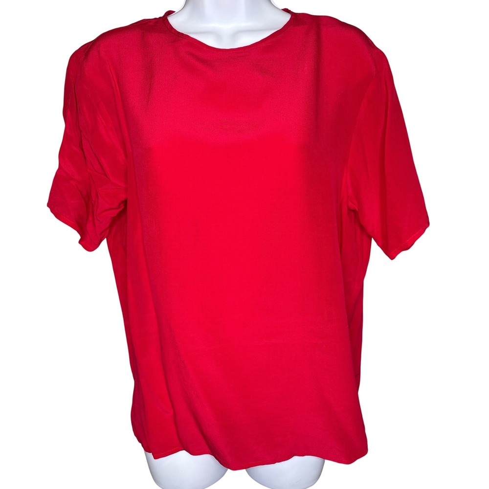 VTG Royal Silk Women 100% Silk Red Short Sleeve Blouse Sz L Quiet Luxury Classic
